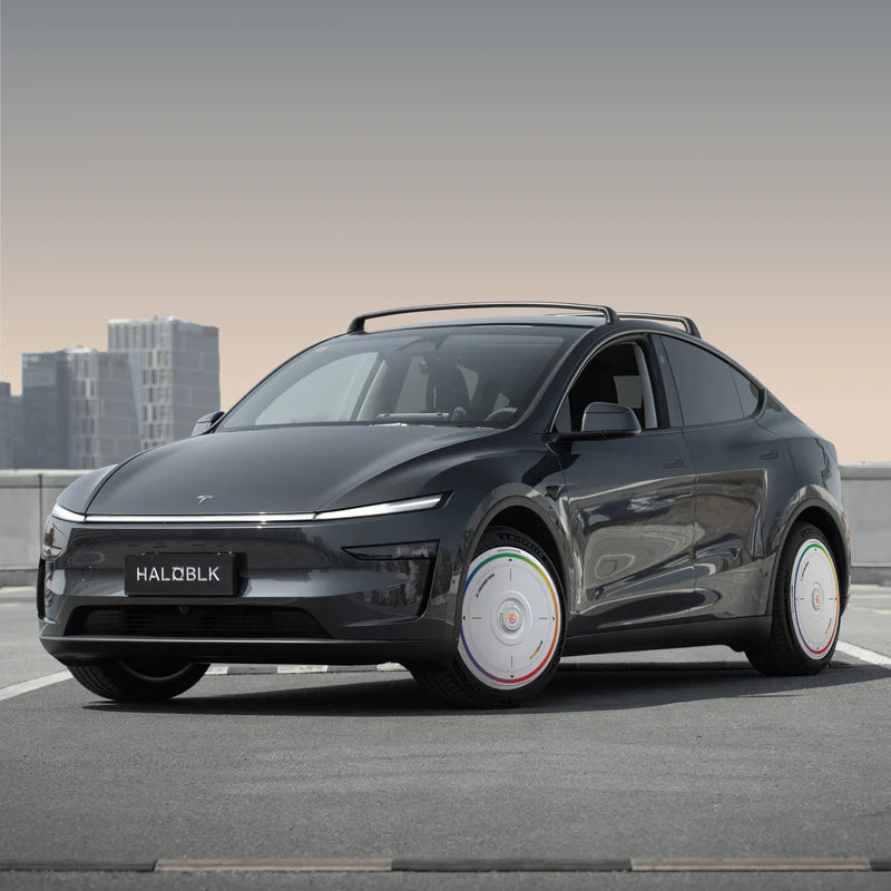 Haloblk HaloDisc 2 Wheel Covers for Tesla Model 3 & Model Y Juniper 19" Crossflow Wheels - Rainbow Road (White)