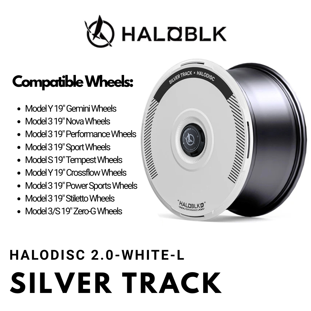 HALODISC 2 Silver Track (White) | Set of 4 Wheel Covers for Tesla Model Y, Model Y L and Model 3 19" Crossflow Wheel