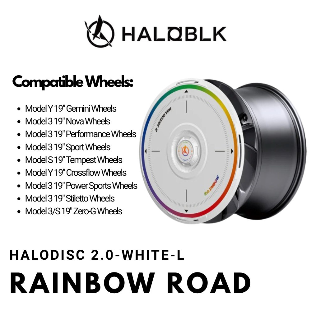 Haloblk HaloDisc 2 Wheel Covers for Tesla Model 3 & Model  Y Juniper 19" Crossflow Wheels - Rainbow Road (White)