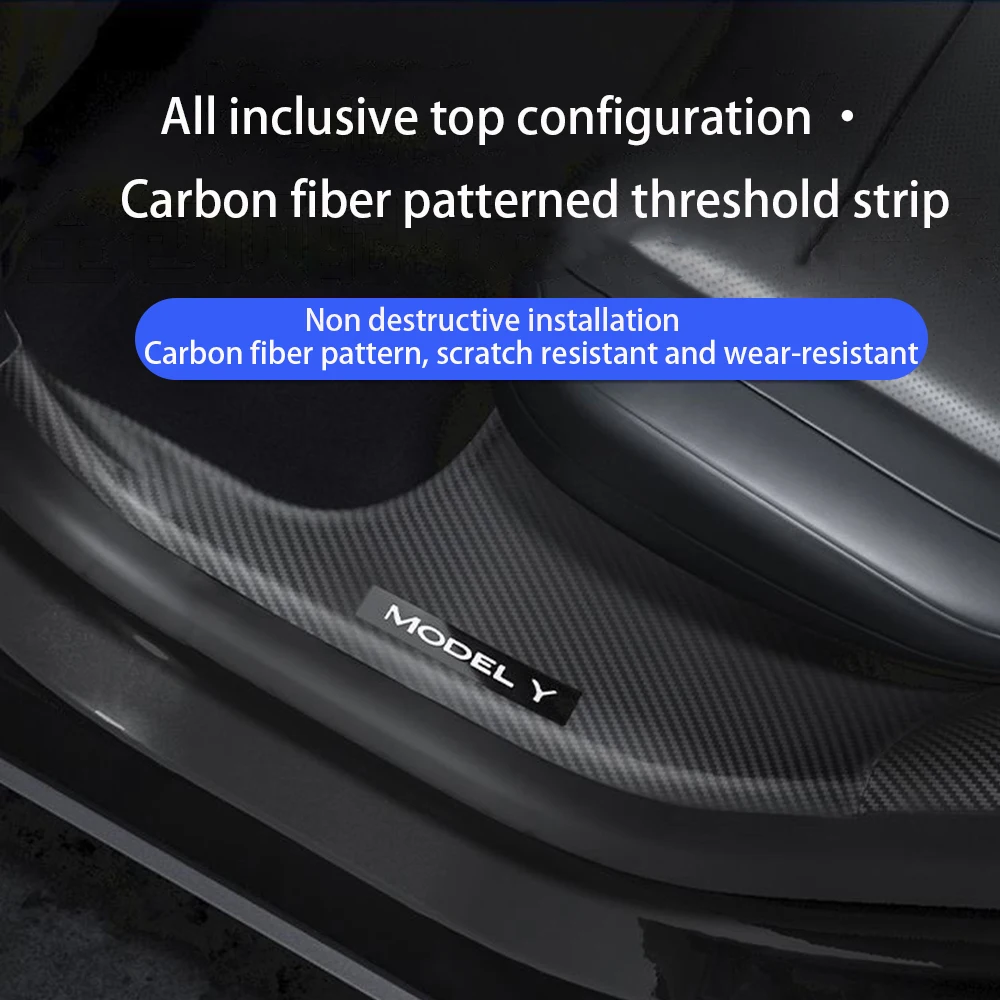 TESLA Model Y Juniper 2025-2026 ABS Carbon Fiber Pattern Front and Rear Door Sill Protector Threshold Strip - 1 SET(8PCS)