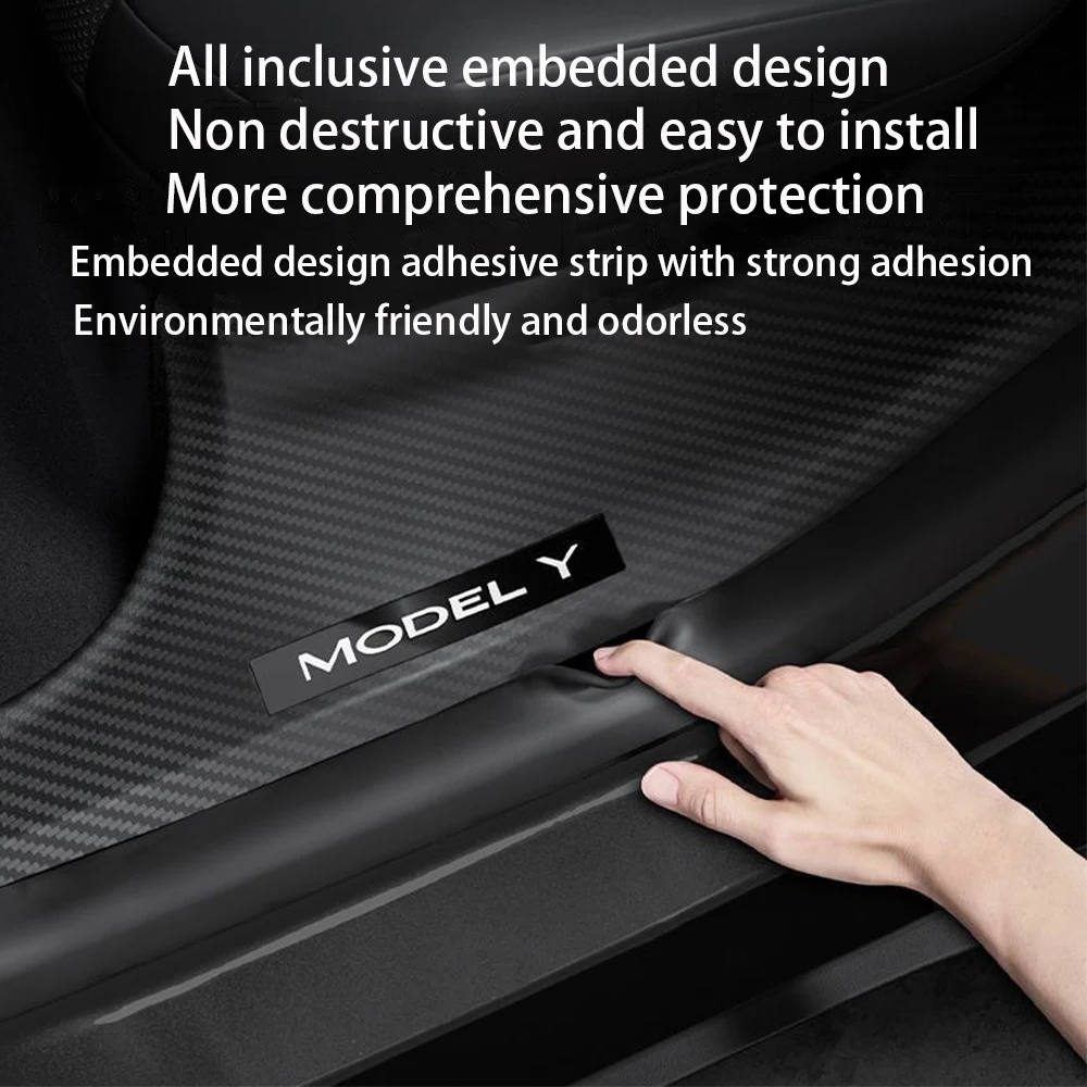 TESLA Model Y Juniper 2025-2026 ABS Carbon Fiber Pattern Front and Rear Door Sill Protector Threshold Strip - 1 SET(8PCS)