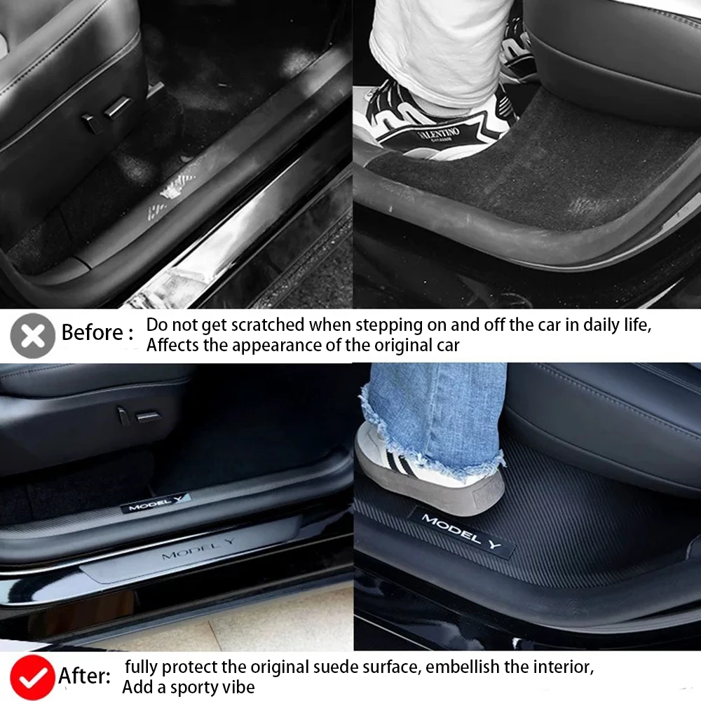TESLA Model Y Juniper 2025-2026 ABS Carbon Fiber Pattern Front and Rear Door Sill Protector Threshold Strip - 1 SET(8PCS)
