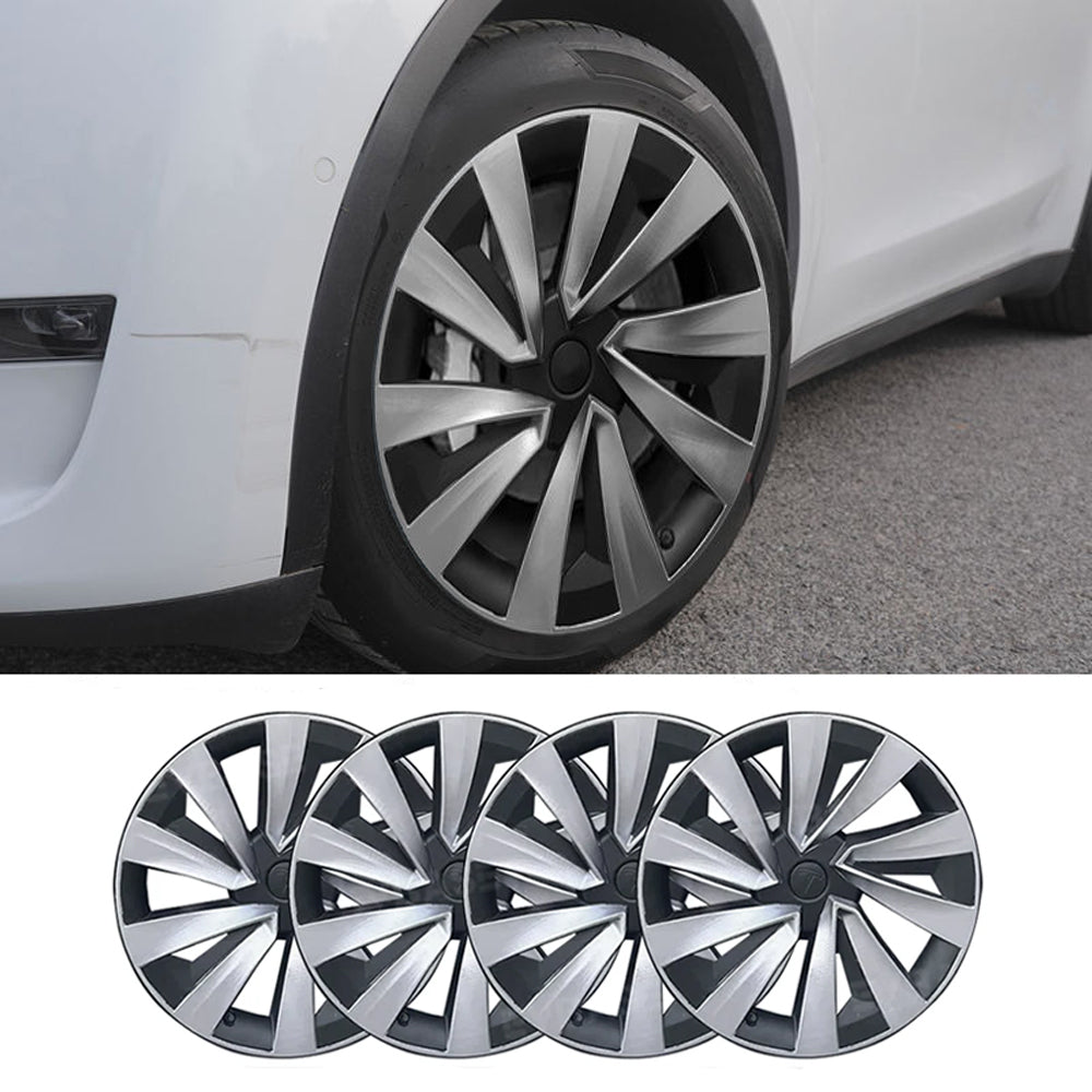 TESLA 2025 Model Y Juniper ABS 19" Wheel Cover Spiral Style Hubcaps 1 Set (4pcs) - Silver with black