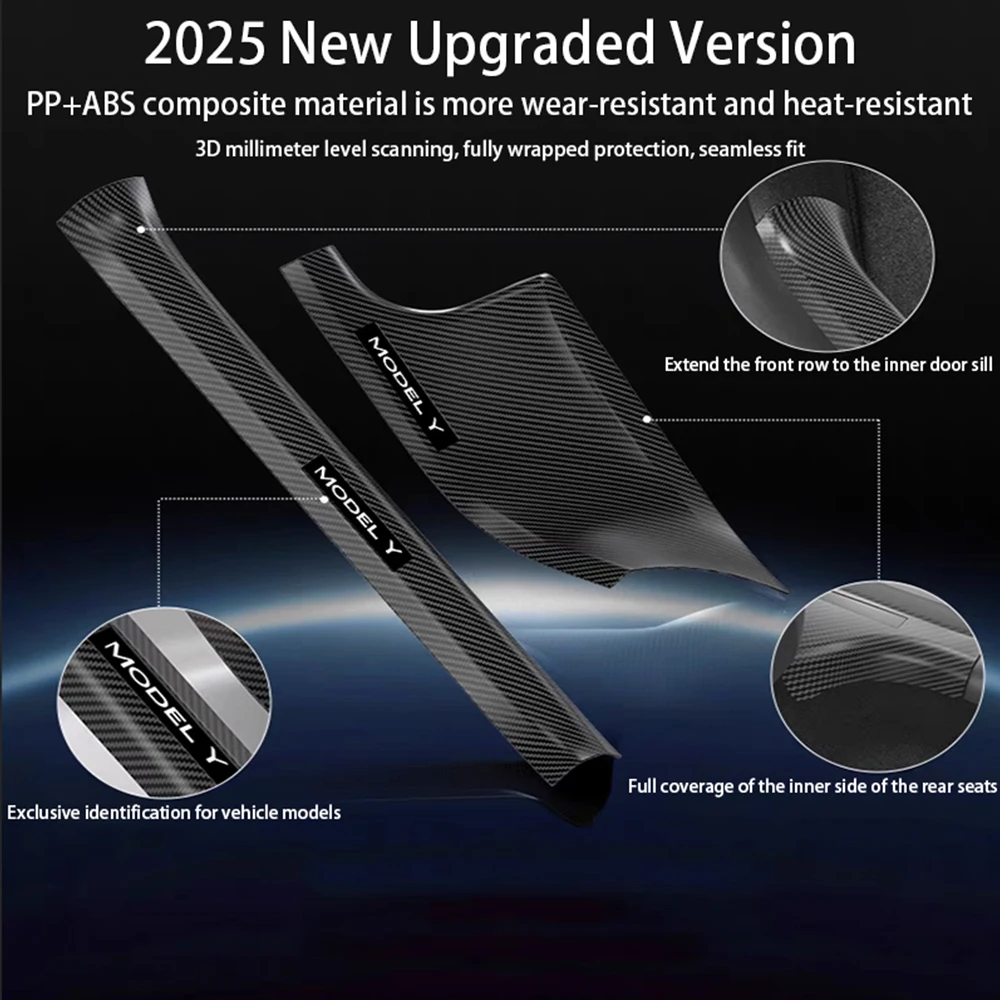 TESLA Model Y Juniper 2025-2026 ABS Carbon Fiber Pattern Front and Rear Door Sill Protector Threshold Strip - 1 SET(8PCS)