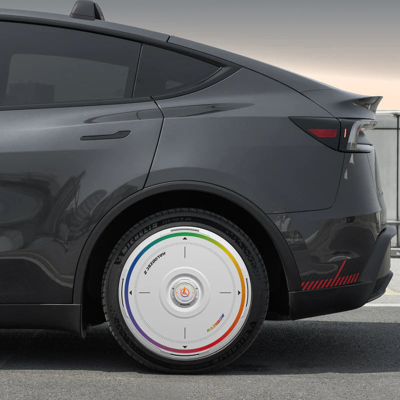 Haloblk HaloDisc 2 Wheel Covers for Tesla Model 3 & Model  Y Juniper 19" Crossflow Wheels - Rainbow Road (White)