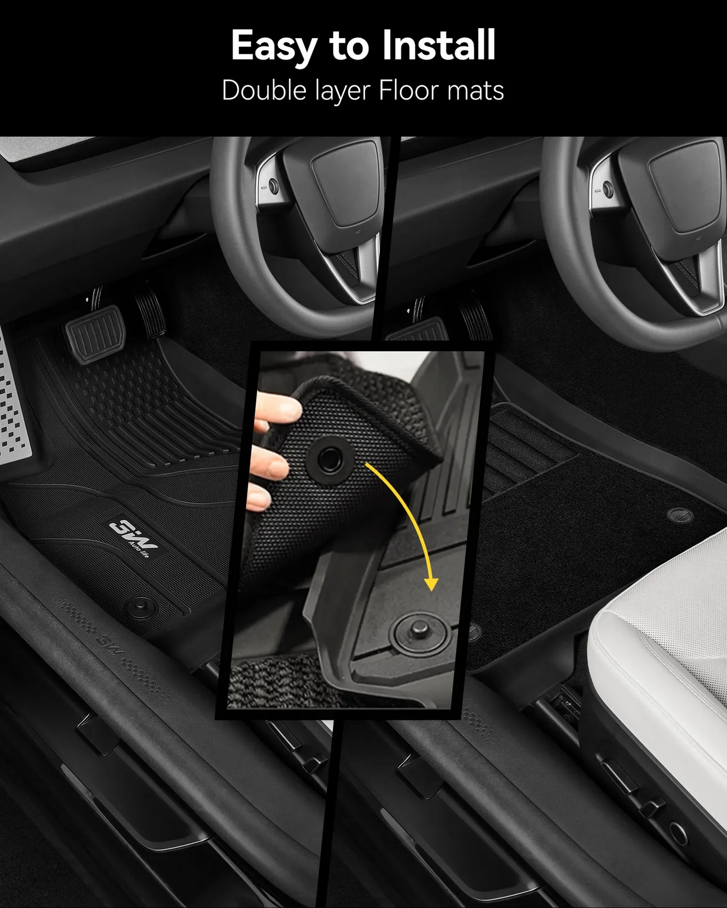 3W TESLA 2024-2026 Model 3 Highland Double Layer Injected Molded TPE Odorless Cargo Liners Floor Mats - 1 SET (6 PCS)