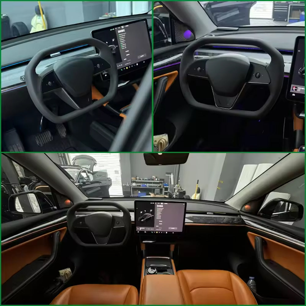 TESLA 2025 Model Y Juniper Nappa Leather Cyber Truck Style Squircle Steering Wheel - Black