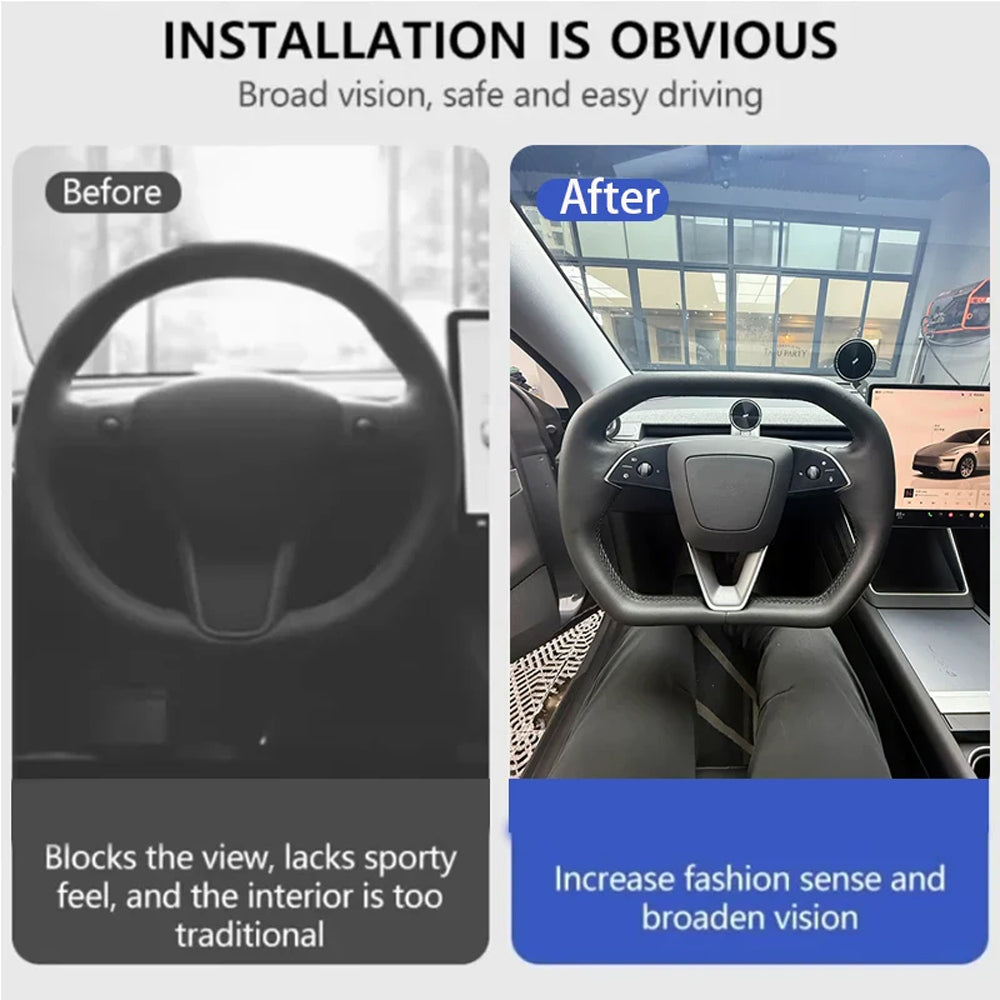 TESLA 2025 Model Y Juniper Nappa Leather Cyber Truck Style Squircle Steering Wheel - Black