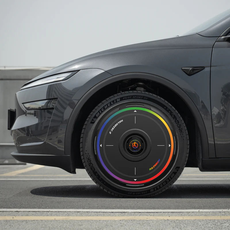 Haloblk HaloDisc 2 Wheel Covers for Tesla Model 3 &  Model Y Juniper 19" Crossflow Wheels - Rainbow Road (Black)