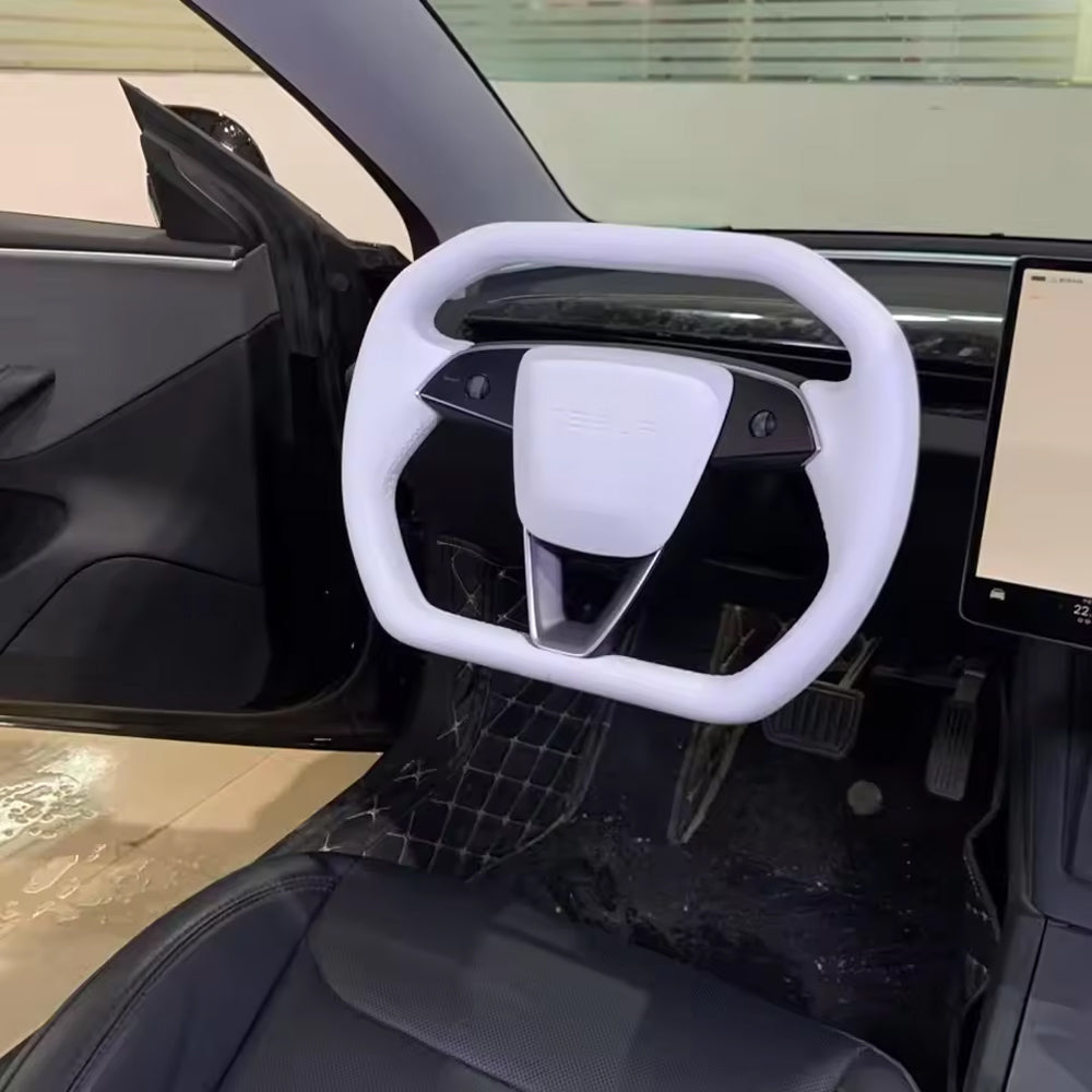 TESLA 2025 Model Y Juniper Nappa Leather Cyber Truck Style Squircle Steering Wheel - White
