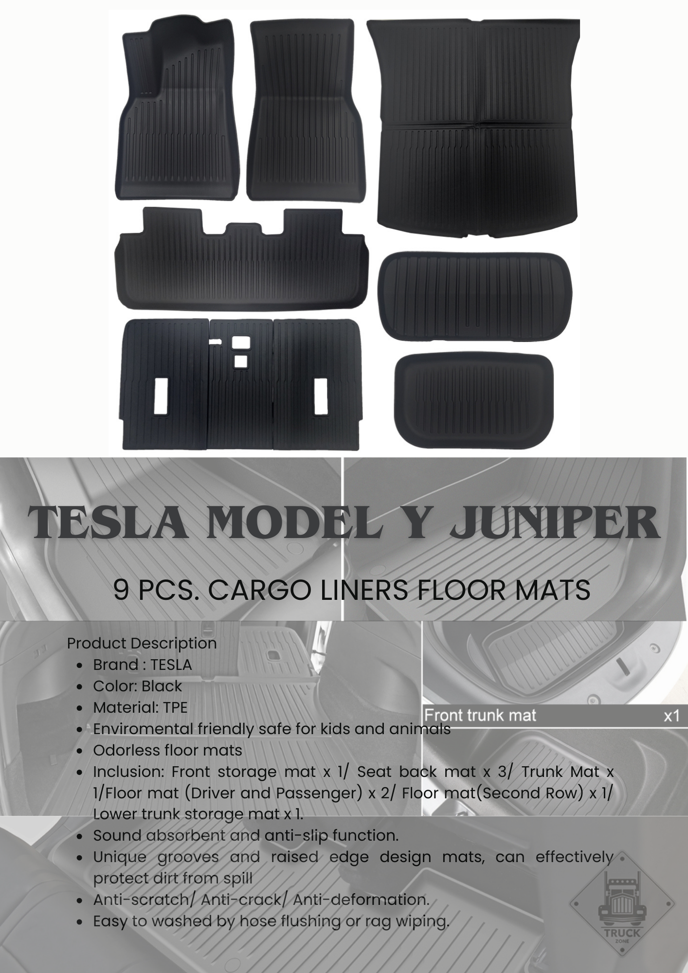 TESLA 2025 Model Y Juniper TPE Interior Upper and Under Guard Board / C-Pillar Guard /Front and Rear Threshold Strip/ Anti-Kick Mat and Scratch Plate / Under Seat Protector / Trunk Sill / Cargo Liners Mats - 9 SETS