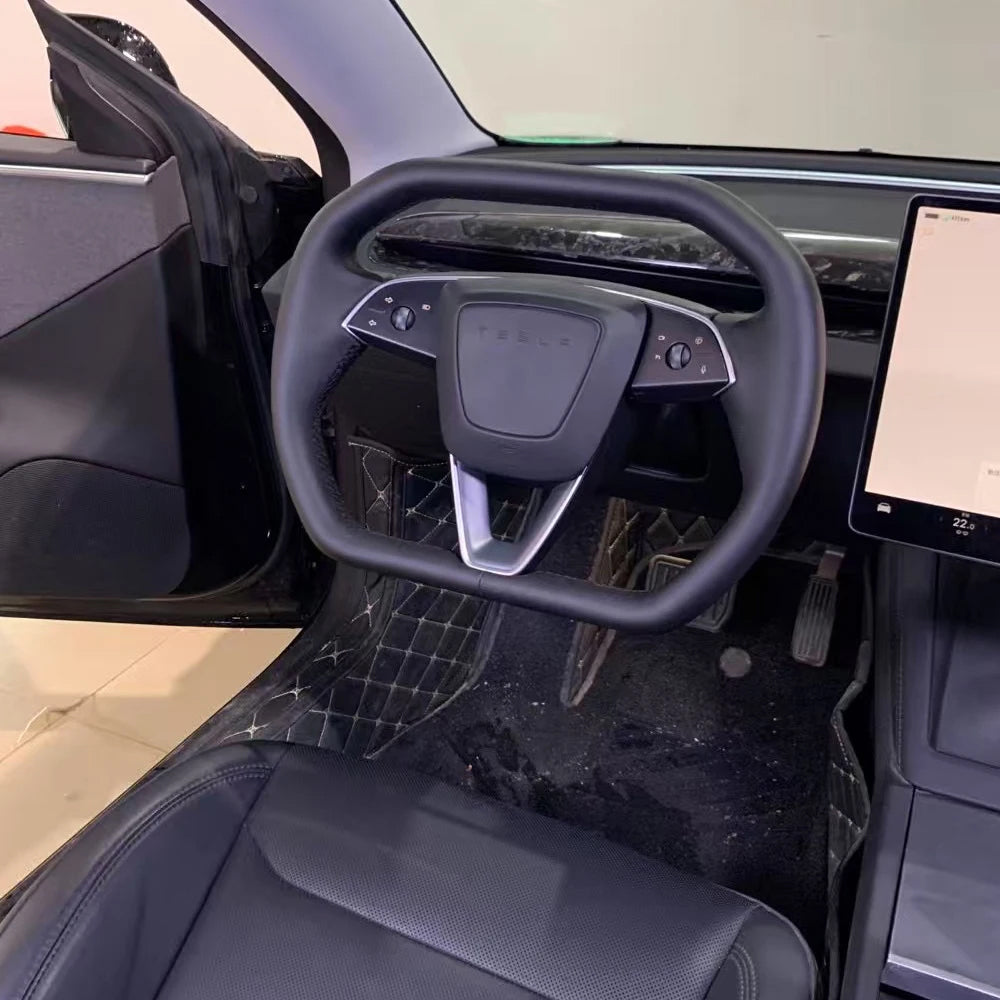 TESLA 2025 Model Y Juniper Nappa Leather Cyber Truck Style Squircle Steering Wheel - Black