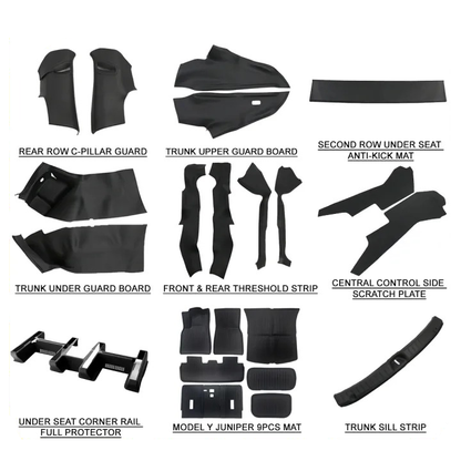 TESLA 2025 Model Y Juniper TPE Interior Upper and Under Guard Board / C-Pillar Guard /Front and Rear Threshold Strip/ Anti-Kick Mat and Scratch Plate / Under Seat Protector / Trunk Sill / Cargo Liners Mats - 9 SETS