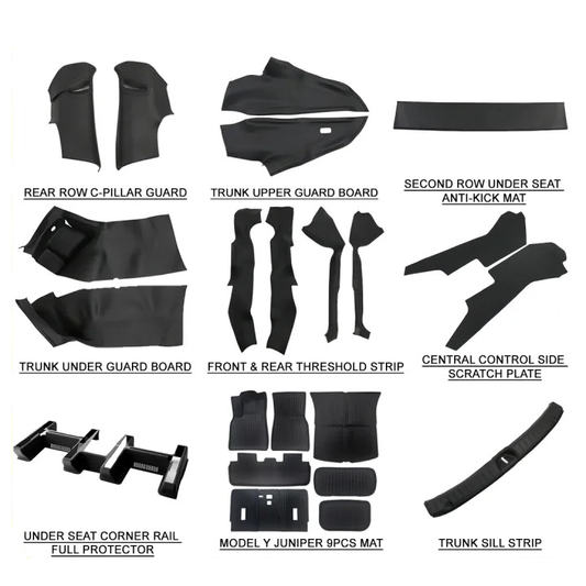 TESLA 2025 Model Y Juniper TPE Interior Upper and Under Guard Board / C-Pillar Guard /Front and Rear Threshold Strip/ Anti-Kick Mat and Scratch Plate / Under Seat Protector / Trunk Sill / Cargo Liners Mats - 9 SETS