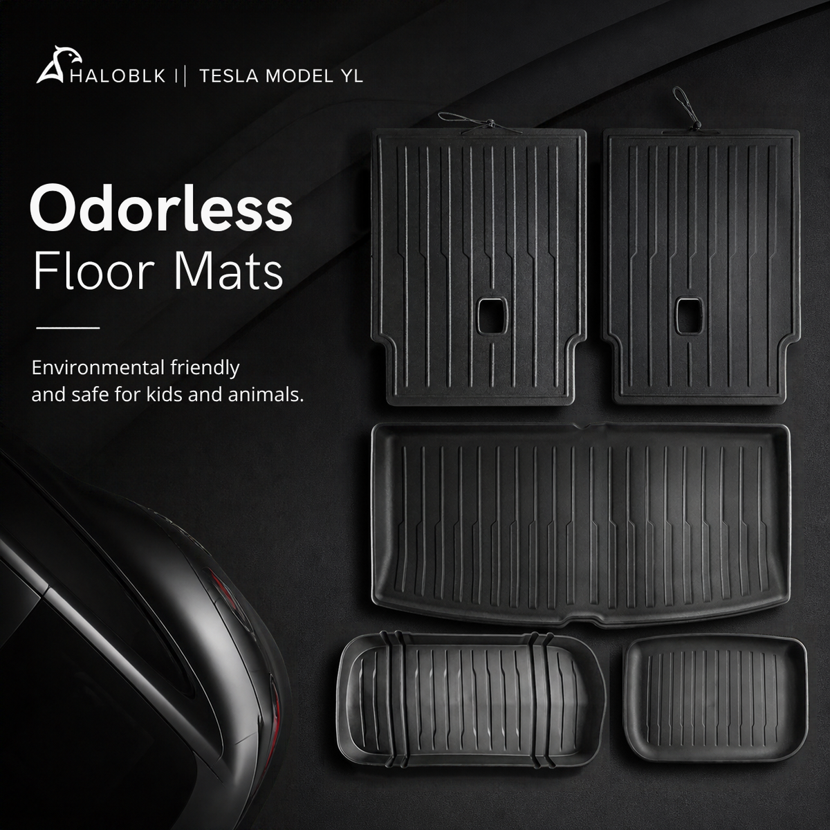 HALOBLK Tesla 2026-2027 Model YL Waterproof TPE Odorless Cargo Liners Trunk Mats - 1 SET (5PCS)