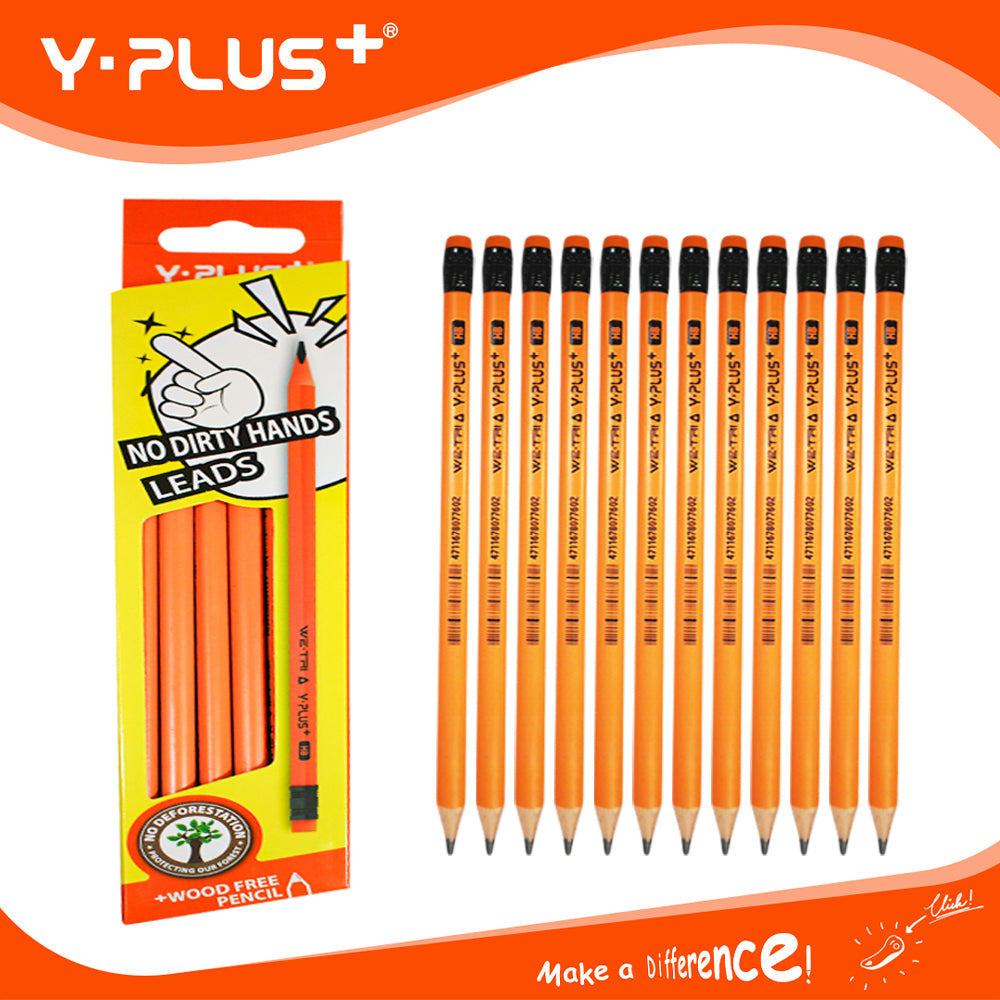 Y-Plus+ WE-TRI Wood Pencil with Eraser 12 Pieces (2B & HB type pencil)