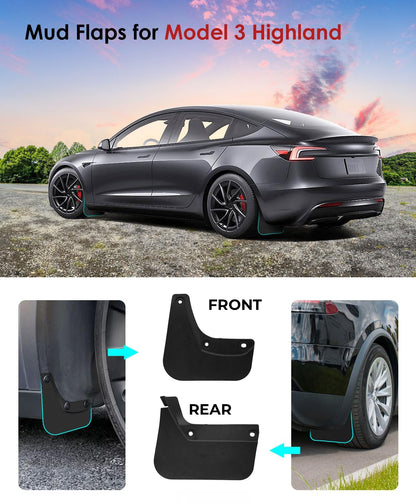 TESLA 2024-2026 Model 3 Highland Soft TPE Front and Rear Fender Mud Flaps - 1 SET (4PCS)
