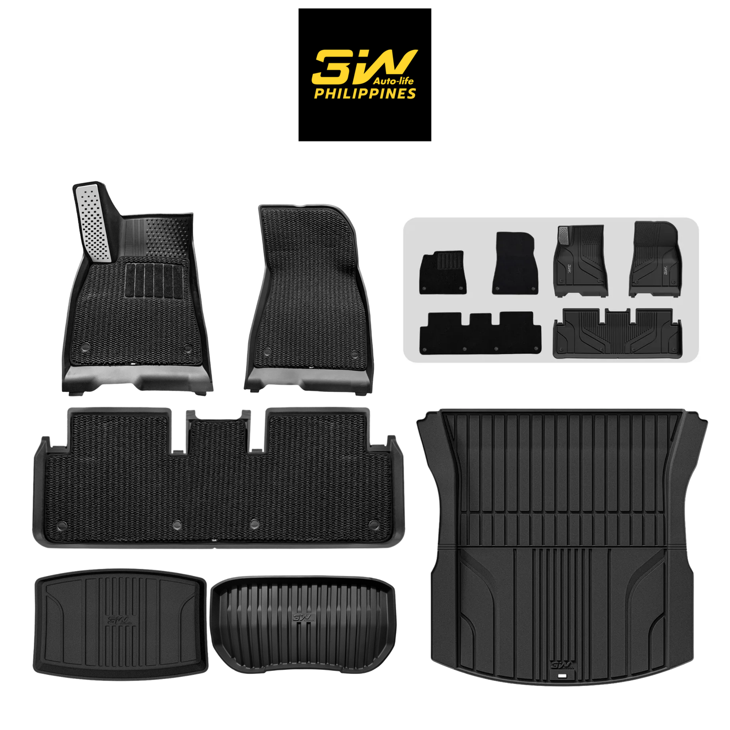 3W TESLA 2024-2026 Model 3 Highland Double Layer Injected Molded TPE Odorless Cargo Liners Floor Mats - 1 SET (6 PCS)