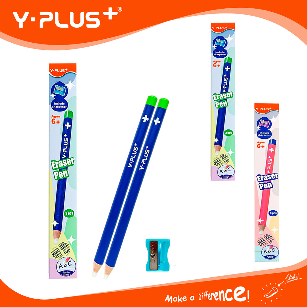 Y-Plus+ 2 Pcs Eraser Pen with 1 Pc Sharpener