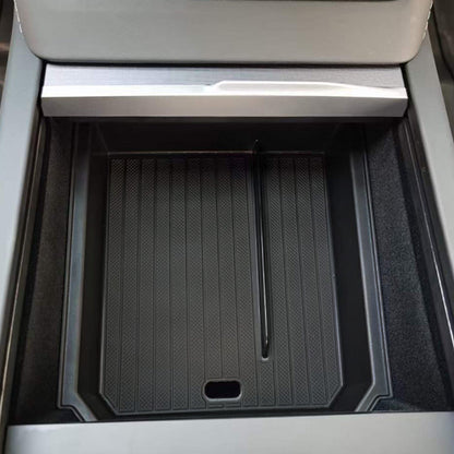 TESLA 2025 Model Y Juniper & Model 3 Center Control Storage Box TPE Center Armrest with Sunglasses Holder - Black