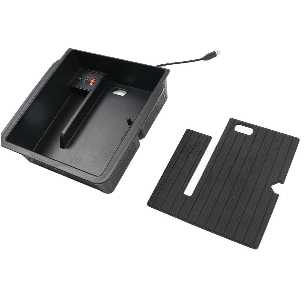 TESLA 2025 Model Y Juniper and Model 3 TPE Center Armrest Storage Box with USB Docking Station - Black