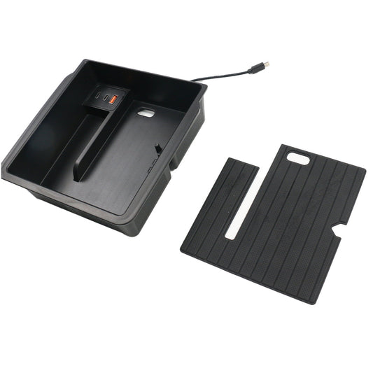 TESLA 2025 Model Y Juniper and Model 3 TPE Center Armrest Storage Box with USB Docking Station - Black