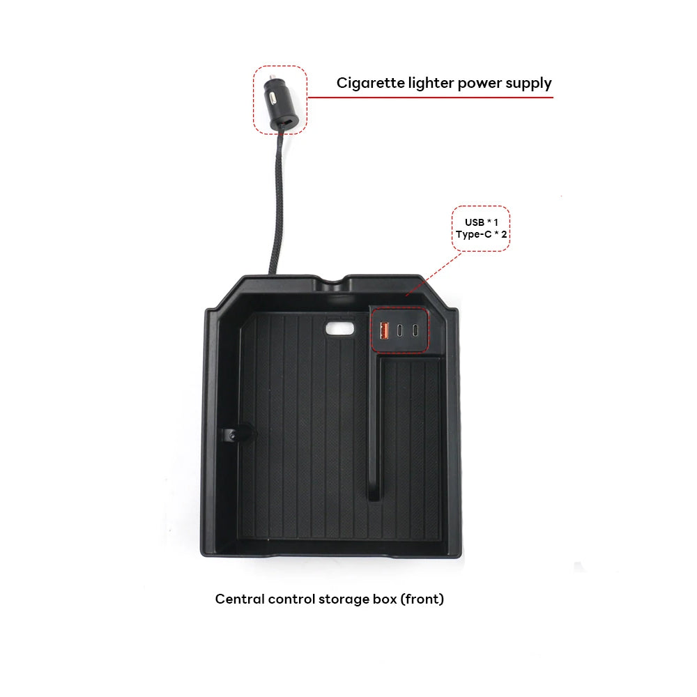 TESLA 2025 Model Y Juniper and Model 3 TPE Sunglasses Holder Center Control Docking Storage Box with Cigarette Lighter Plug