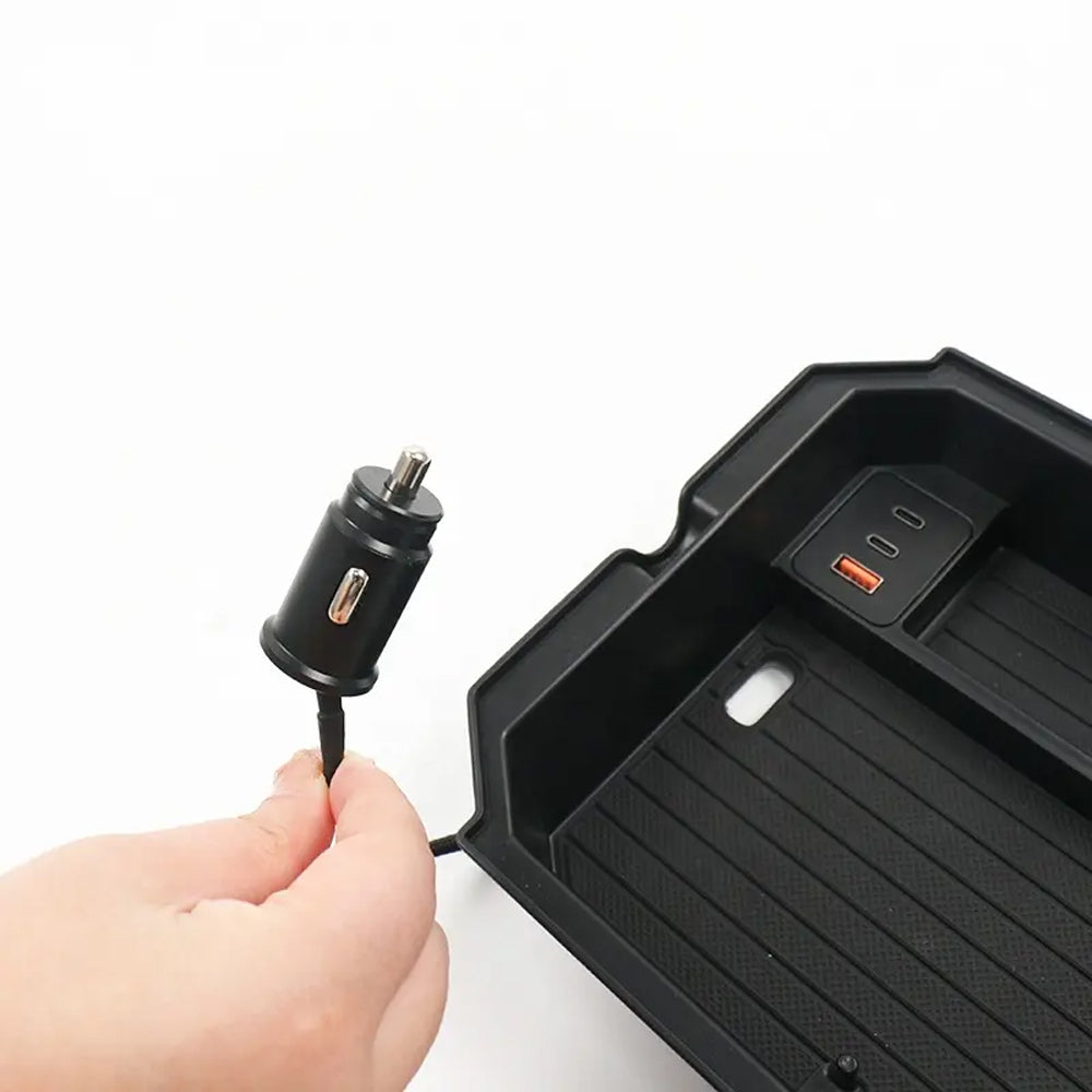 TESLA 2025 Model Y Juniper and Model 3 TPE Sunglasses Holder Center Control Docking Storage Box with Cigarette Lighter Plug