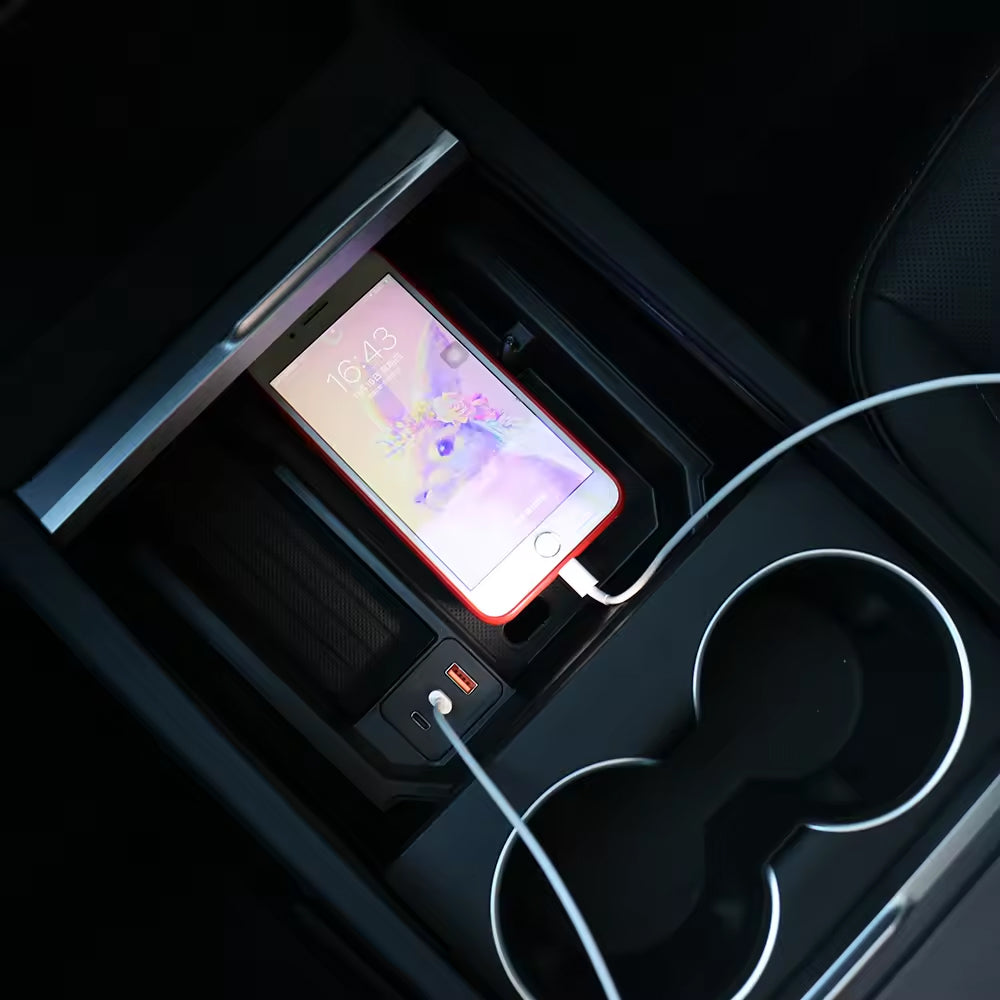 TESLA 2025 Model Y Juniper and Model 3 TPE Sunglasses Holder Center Control Docking Storage Box with Cigarette Lighter Plug