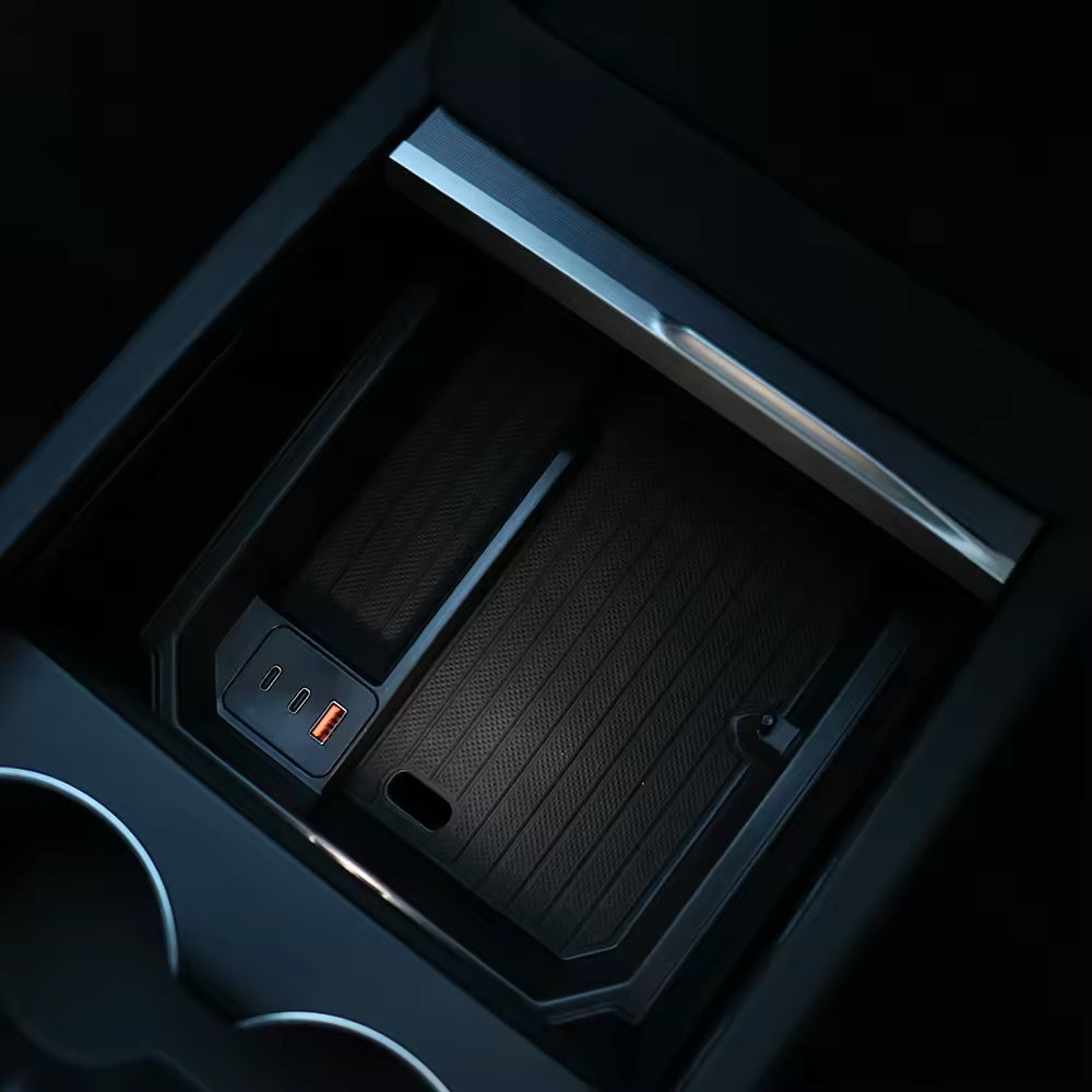 TESLA 2025 Model Y Juniper and Model 3 TPE Sunglasses Holder Center Control Docking Storage Box with Cigarette Lighter Plug
