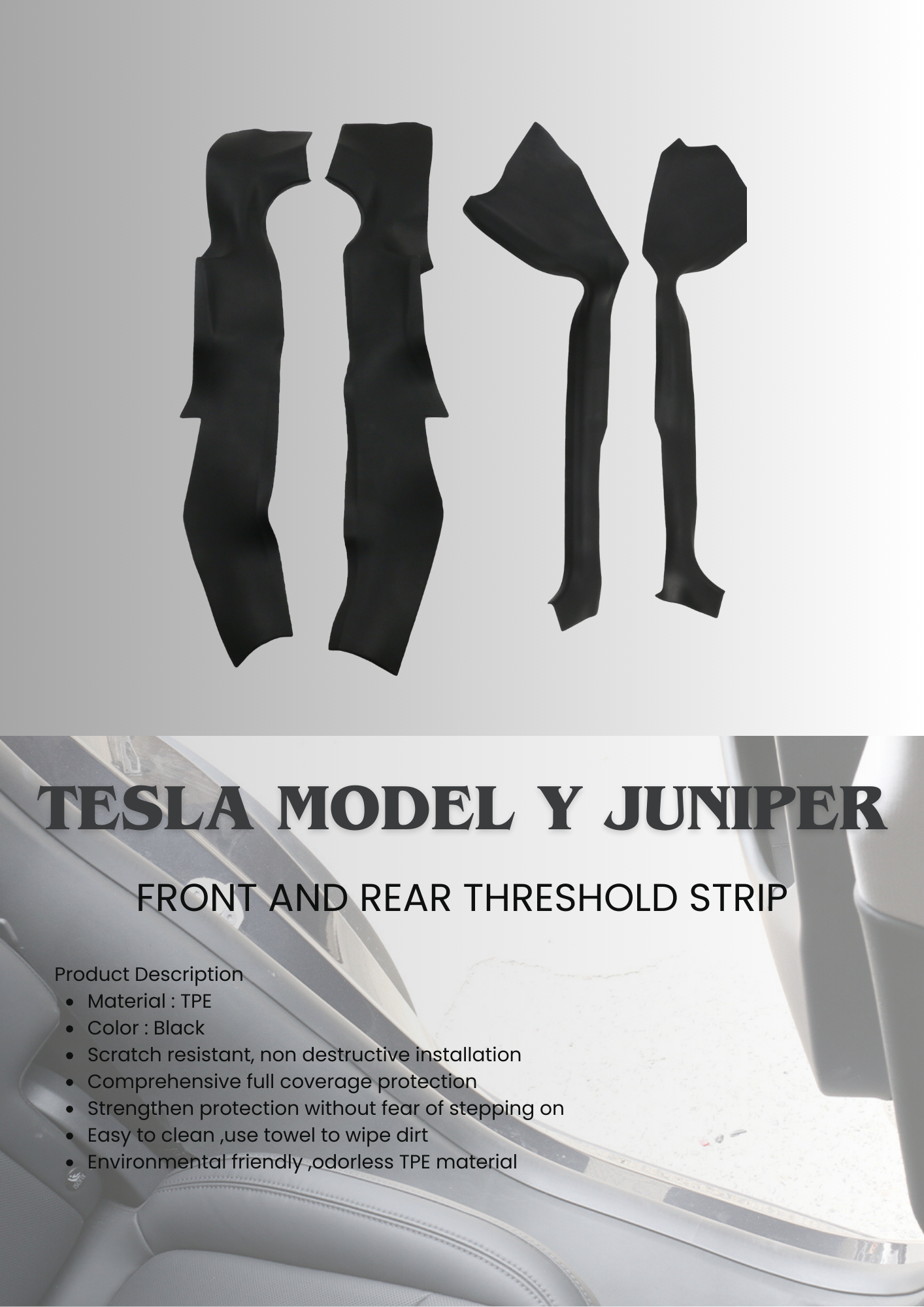 TESLA 2025 Model Y Juniper interior TPE Front and Rear Threshold Strip /Upper and Under Rear Trunk Guard Panel / C-Pillar Guard Board - 4PCS SET