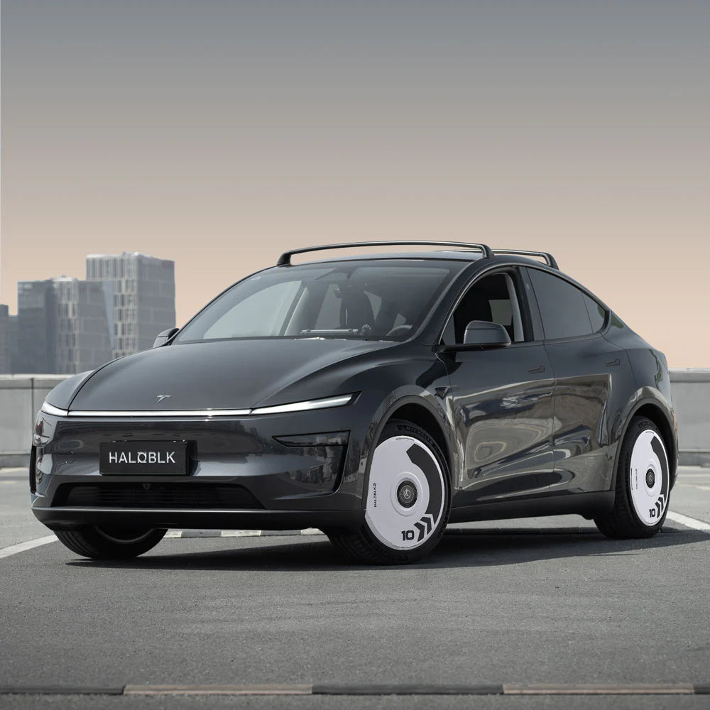 HALOBLK HALODISC 2 ARROW 19" | Set of 4 Wheel Covers for Tesla Model 3 and Model Y /YL- White (Black Halodisc Cap)