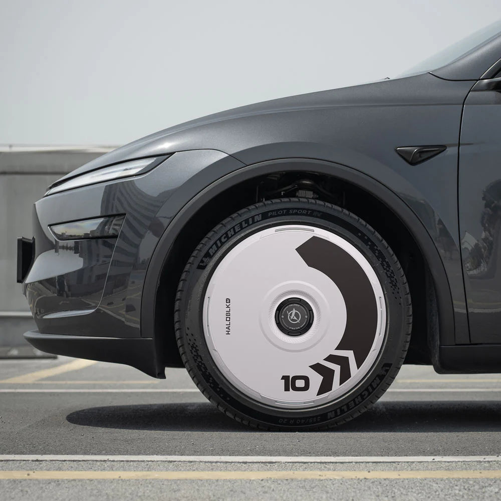 HALOBLK HALODISC 2 ARROW 19" | Set of 4 Wheel Covers for Tesla Model 3 and Model Y /YL- White (Black Halodisc Cap)