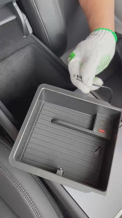 TESLA 2025 Model Y Juniper and Model 3 TPE Center Armrest Storage Box with USB Docking Station - Black