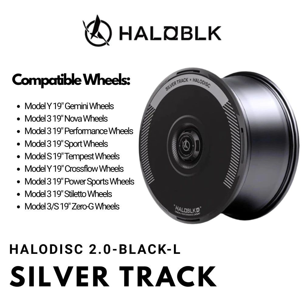 HALODISC 2 Silver Track (Black) | Set of 4 Wheel Covers for Tesla Model 3 & Model Y 19" Crossflow Wheel